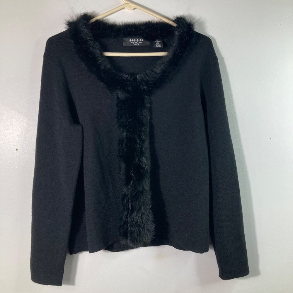 Vintage Parisian Petite Merino Wool Cardigan Rabbit Fur‎ Trim Black PL